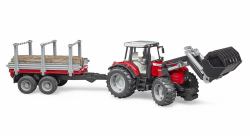 BRUDER Trattore Massey Ferguson 7480 Con Rimorchio Trasporto Tronchi 