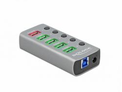 DeLOCK Hub USB 5 Gbps con 4 porte + 1 porta di ricarica rapida + 1 porta USB-C PD 3.0 con interruttore e illuminazione 