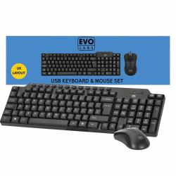 Evo Labs CM-501UK Wired Multimedia Tastiera and Mouse Combo Set, USB Plug and Play, Full Size Qwerty UK Layout Tastiera with Optical Sensor Mouse, Ideal for Home or Office, Black tastiera Mouse incluso Casa/ufficio Inglese britannico Nero  - Versione UK
