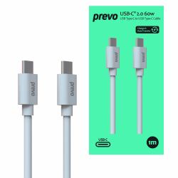 PREVO USB 2.0 60W C to C PVC cable, 20V/3A, 480Mbps, Injection moulding + PVC, White, Superior Design & Perfornance, Retail Box Packaging cavo USB USB C Bianco 