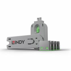 Lindy 40451 clip sicura Bloccaporte + chiave USB tipo A Verde Acrilonitrile butadiene stirene [ABS] 5 pz (USB Port Blocker Pack 4 Green - USB Port Blocker - Pack of 4 - Colour Code: Green, Port blo...