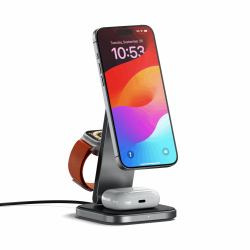 Satechi ST-Q31FM-EA mobile device charger Headphones, Smartphone, Smartwatch Grey, Black USB Wireless charging Indoor (Satechi 3-in-1 Charging Stand [SpcGry])
