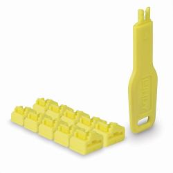 Lindy 47900 clip sicura Bloccaporte + chiave RJ-45 Giallo Acrilonitrile butadiene stirene [ABS] 10 pz (RJ45 Port Locks Yellow, 10x + - 1 Key)