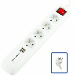 4-WAY+2 USB POWER STRIP: - WHITE - ON/OFF SWITCH - 1.5M - Warranty: 24M