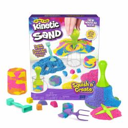 Kinetic Sand , Squish N’ Create Playset with 13.5oz Blue, Yellow & Pink Play Sand, 5 Tools, Sensory Toys for Kids Ages 3 and up (Kinetic Sand KNS ACK Squish N Create F)