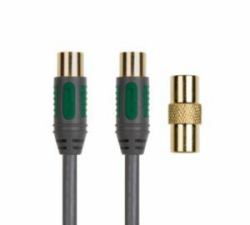Peerless Coax plug-Coax socket with adaptor, 5m coaxial cable Green, Grey, Silver (AL-AC05 - 5m Aerial Cable Coax Plug To Coax Socket + Adapter)